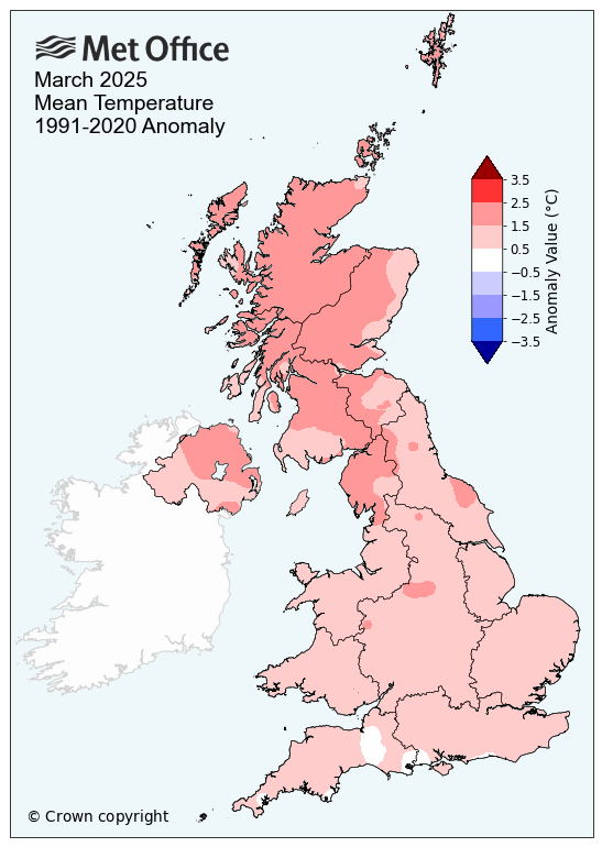 Map showing March 2025 team temperatures... warm across the UK