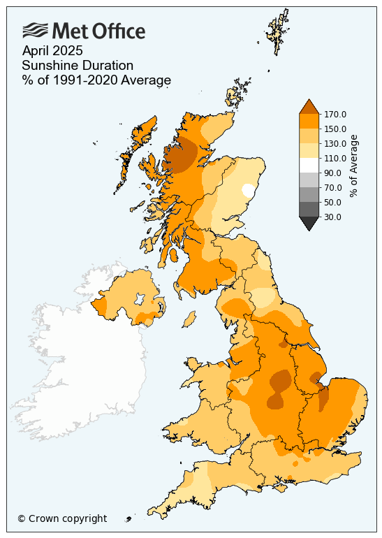 Map showing April 2025 sunshine hours