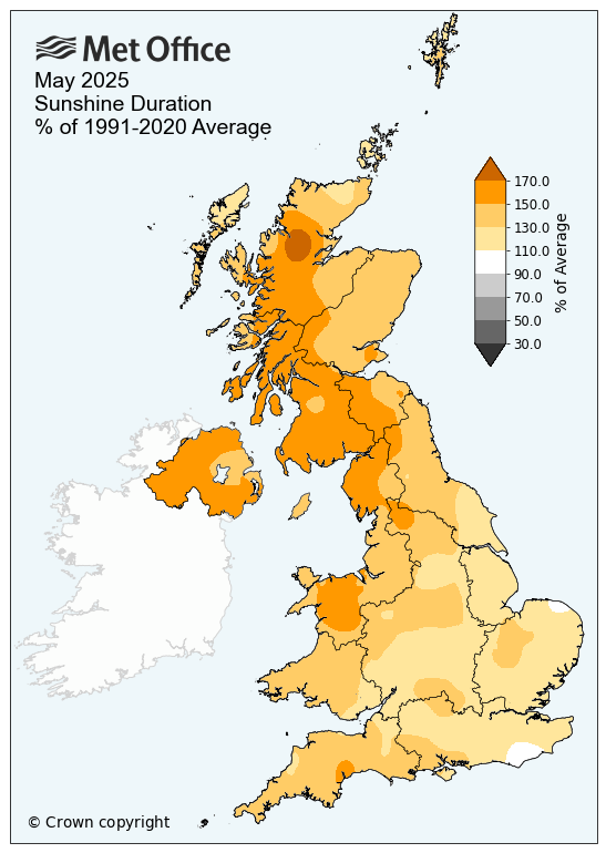 Map showing sunshine duration for May 2025