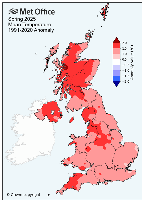 Map showing mean temperature for UK Spring 2025