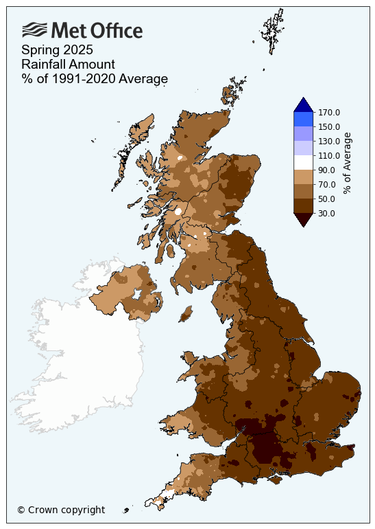 Map showing rainfall for UK Spring 2025