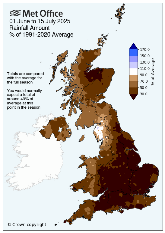 Map showing rainfall for the UK so far this summer