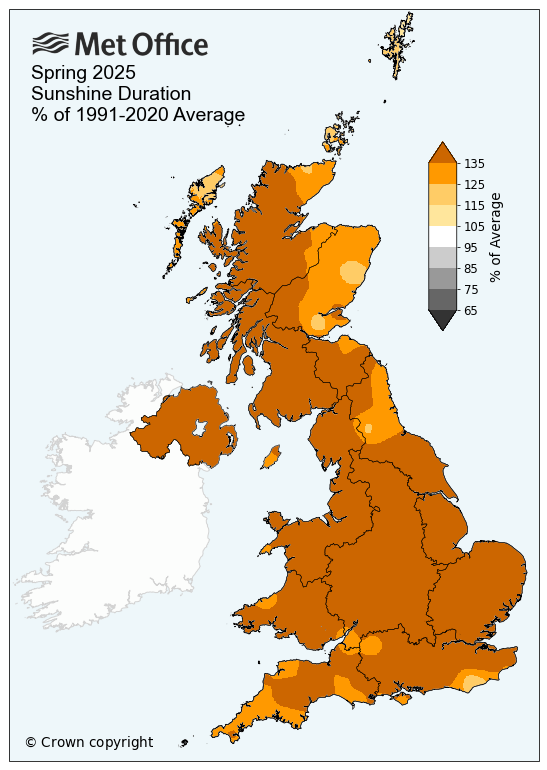 Map showing exceptionally sunny Spring 2025 for UK