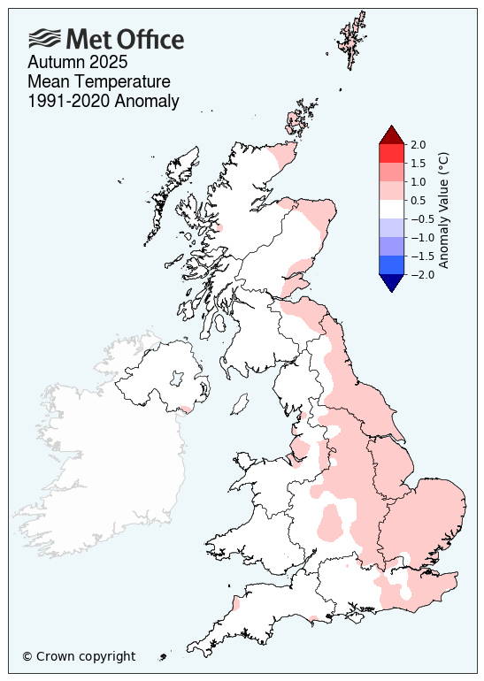 Map of UK showing above average temperatures for autumn