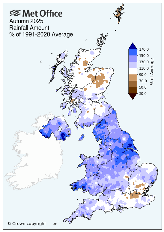 Map of UK showing rainfall for autumn with lots of rain