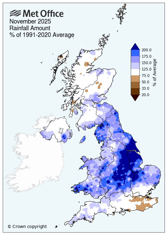 Map of UK showing above average rainfall for November