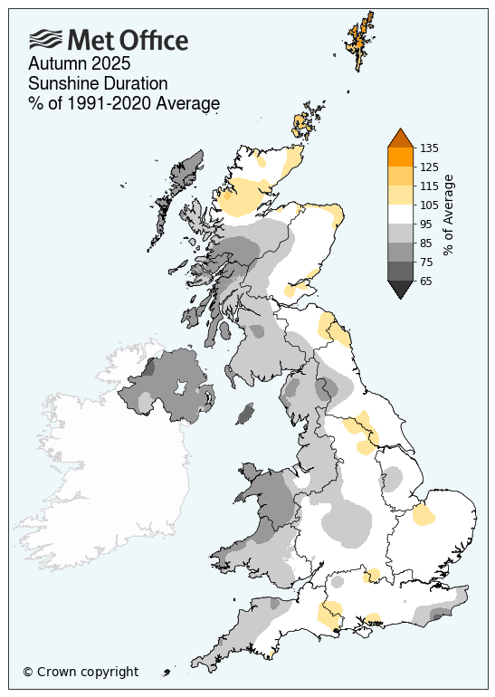 Map of UK showing just above average sunshine for the UK Autumn 2025