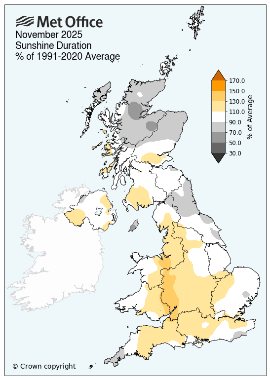 Map of UK showing just above average sunshine for November