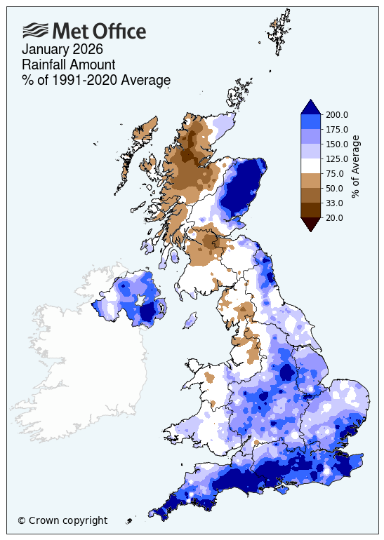 January 2026 rainfall map of UK showing very wet in southwest and Northern Ireland