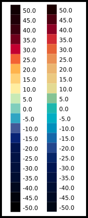 The image shows the old temperature colour scale compared to the new one. The very minor change is to more shades of colour at either end of the scale.