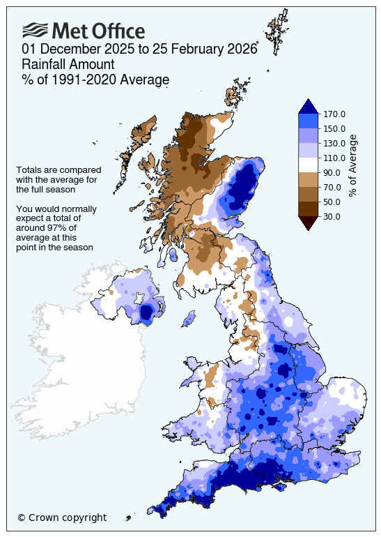 map showing rainfall across UK December to 25 February 2026