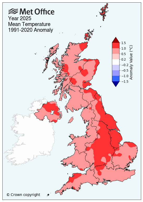 Annual mean temperature of UK 2025 map