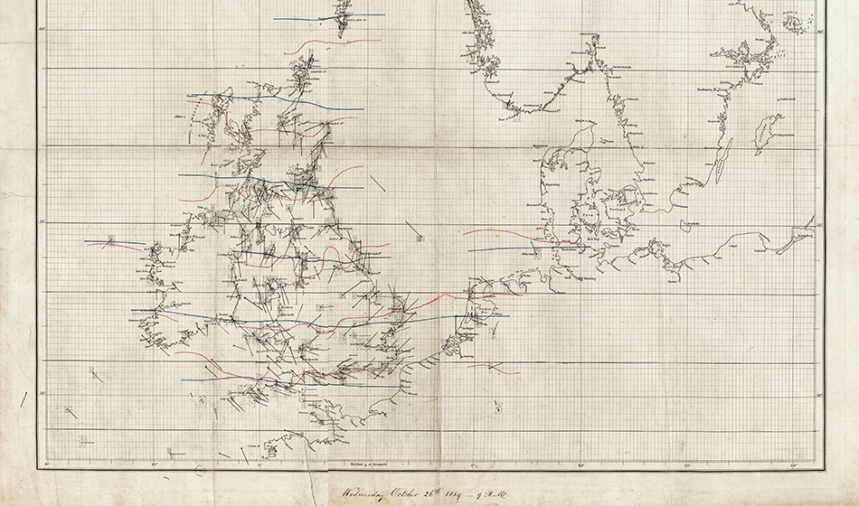 The above image shows the original weather chart produced by Met Office founder Robert FitzRoy to depict the Royal Charter Gale in October 1859.