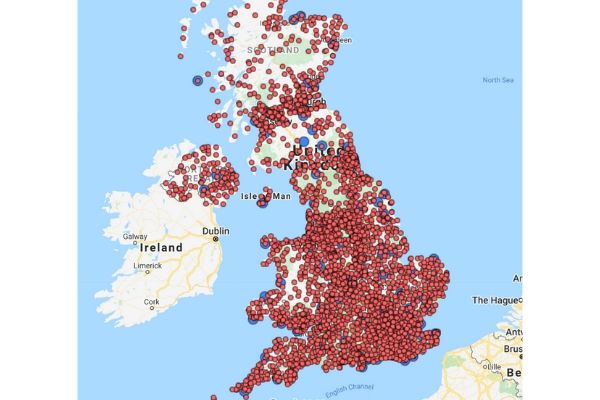 A map of the uk with red dots indicating location of downtime summaries. Click to interact with the map.