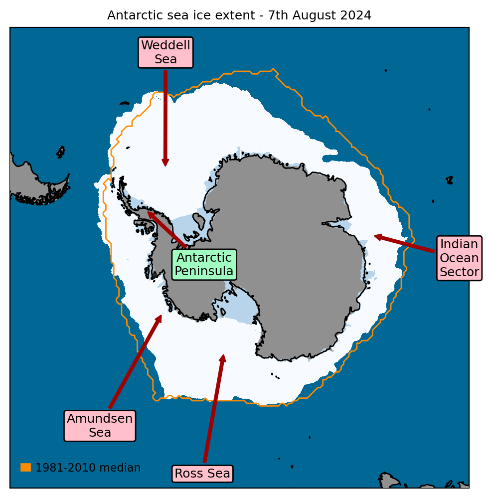 Antarctic sea ice extent on 7th August 2024, with 1981-2010 average extent indicated in orange, and the regions referred to in the text labelled. Data are from EUMETSAT OSI SAF (Tonboe et al., 2017).