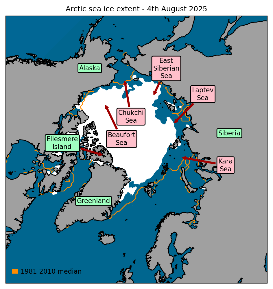 Arctic sea ice extent on 4th August 2025, with 1981-2010 average extent indicated in orange, and the regions referred to in the text labelled. Data are from EUMETSAT OSI SAF (Tonboe et al., 2017).