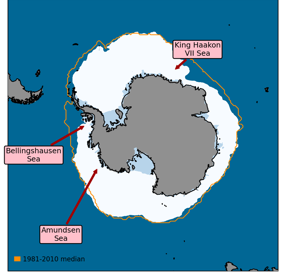 Antarctic sea ice extent on 6th July 2025, with 1981-2010 average extent indicated in orange, and the regions referred to in the text labelled. Data are from EUMETSAT OSI SAF (Tonboe et al., 2017).