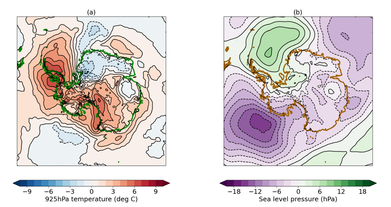 June 2025 anomaly relative to the 1981-2010 average in (a) 925hPa temperature; (b) sea level pressure. Sea level pressure and temperature data are from the ERA5 reanalysis (Hersbach et al., 2017).