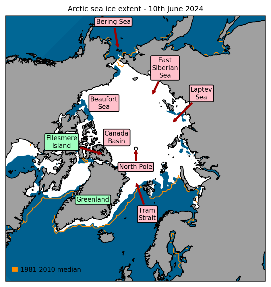 Arctic sea ice extent on 10th June 2024, with 1981-2010 average extent indicated in orange, and the regions referred to in the text labelled. Data are from EUMETSAT OSI SAF (Tonboe et al., 2017).