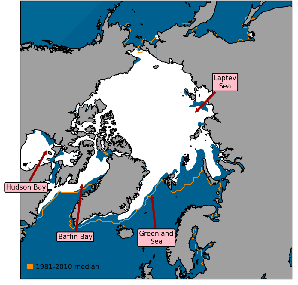 Arctic sea ice extent on 8th June 2025, with 1981-2010 average extent indicated in orange, and the regions referred to in the text labelled. Data are from EUMETSAT OSI SAF (Tonboe et al., 2017).