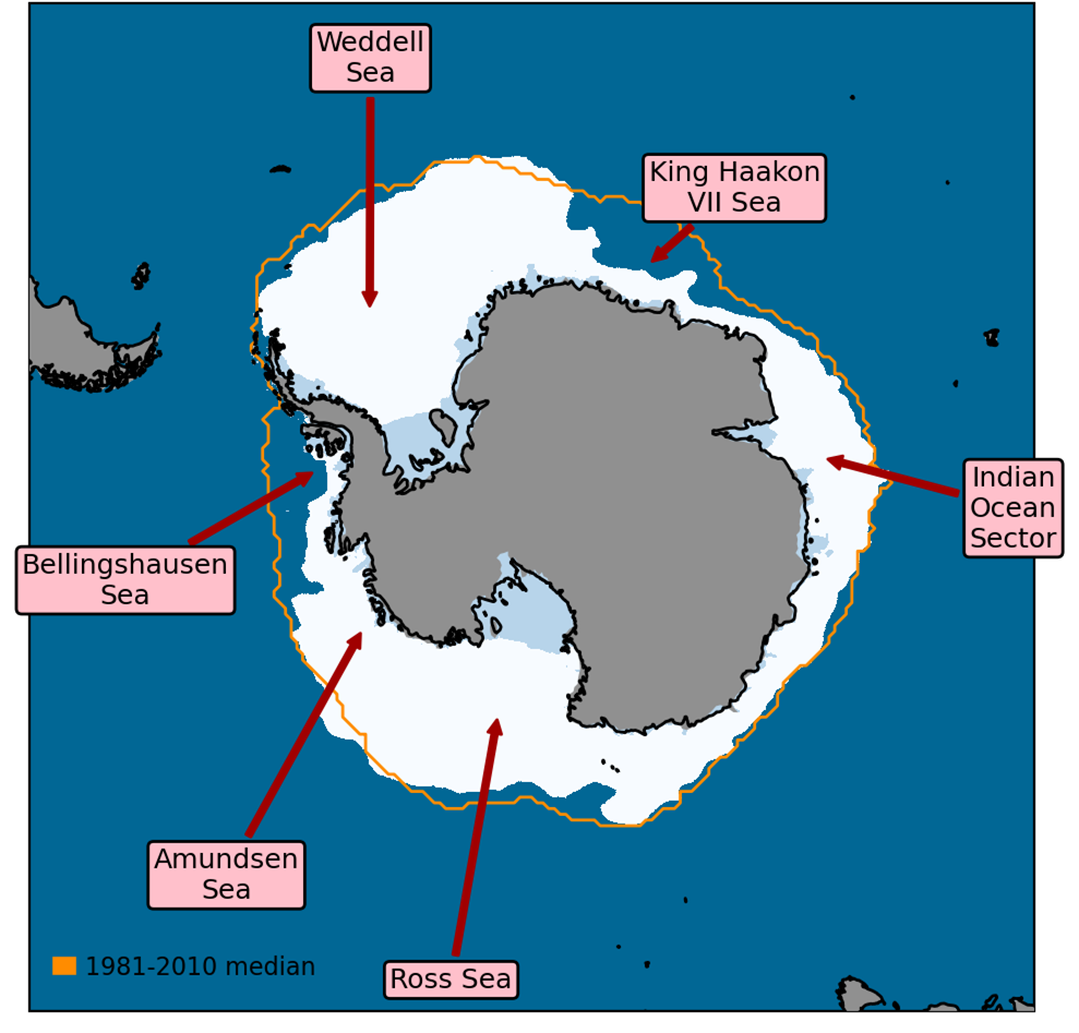 Antarctic sea ice extent on 8th June 2025, with 1981-2010 average extent indicated in orange, and with regions referred to in the text labelled. Data are from EUMETSAT OSI SAF (Tonboe et al., 2017).