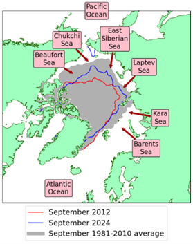 Arctic sea ice extent in September 2024, compared to the record low year of 2012 and the 1981-2010 average, with regions named in the text labelled. Data are from EUMETSAT OSI SAF (Tonboe et al., 2017).