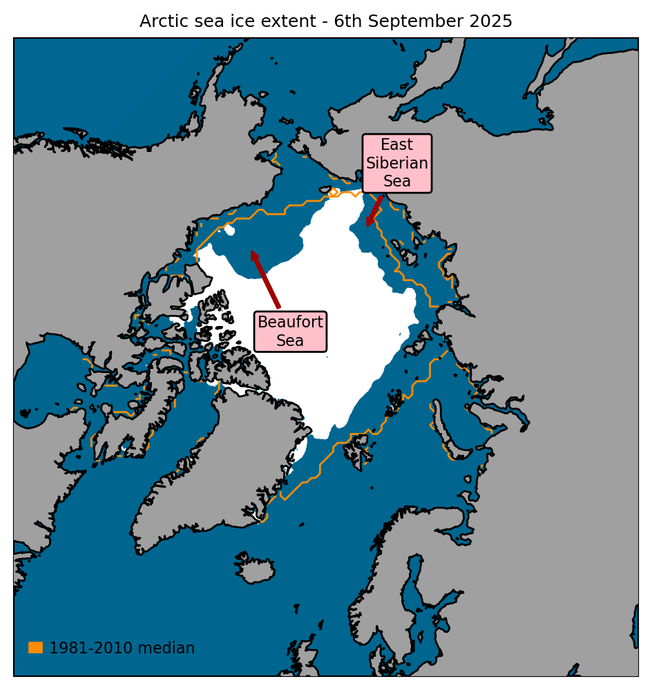 Annual minimum Arctic sea ice extent (6th September 2025), with 1981-2010 average extent for this date indicated in orange. Data are from EUMETSAT OSI SAF (Tonboe et al., 2017).