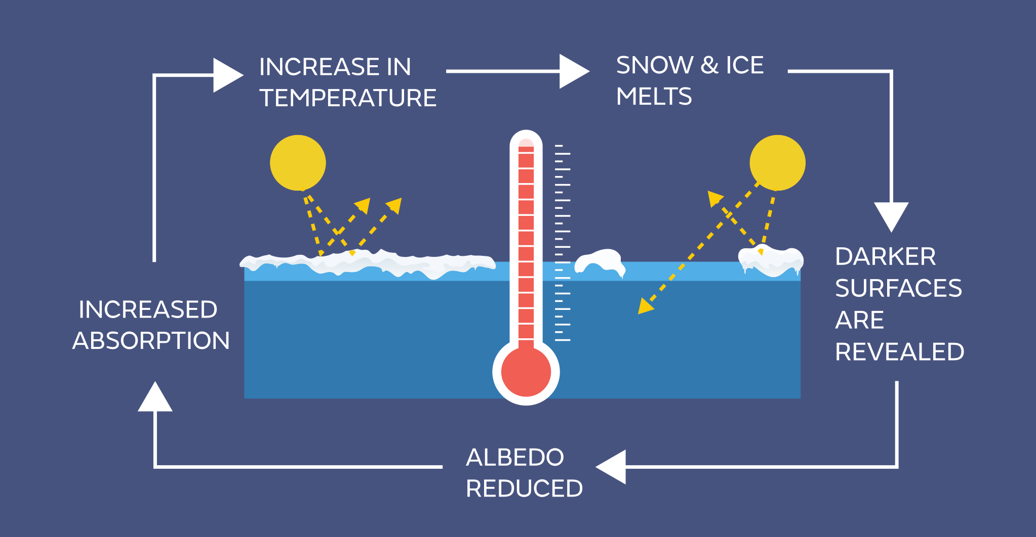 Schematic showing the ice albedo feedback which can lead to amplification of warming in the Arctic.