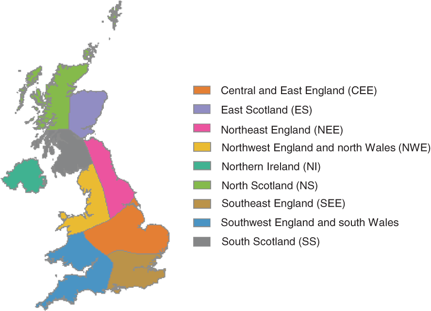 A map of the UK showing the nine UK regions researched. Each region is shaded in a different colour and a key is provided which names each coloured region.