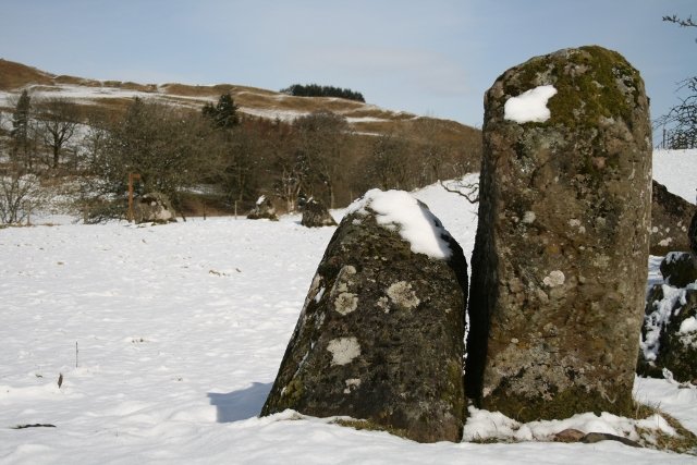 Snow at the Girdle Stanes stone circle in Eskdalemuir