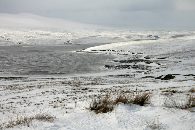 Snow at Cow Green Reservoir at Widdybank Fell
