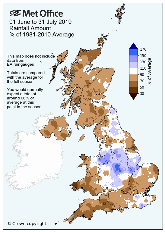 Map showing the rainfall amount across the UK in June and July 2019 as a % of the 1981-2010 average. Parts of central and northern England have already had more than 130% of the 1981-2010 average, despite being partway through the season. You would normally expect a total of around 66% of the average at this point in the season.