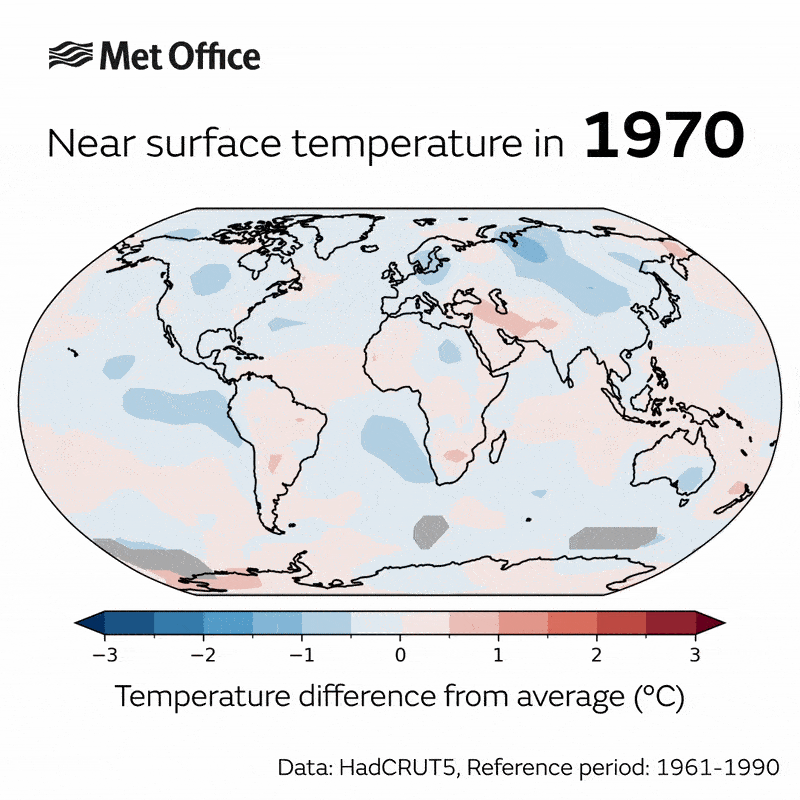 Near surface global temperature anomaly 1975 to 2024