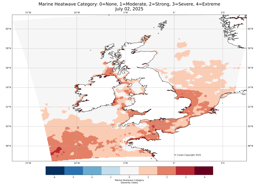 Figure 1: Sea surface temperatures anomalies on July 2nd from the Operational Sea Surface Temperature and Ice Analysis compared with a 1982-2012 baseline.