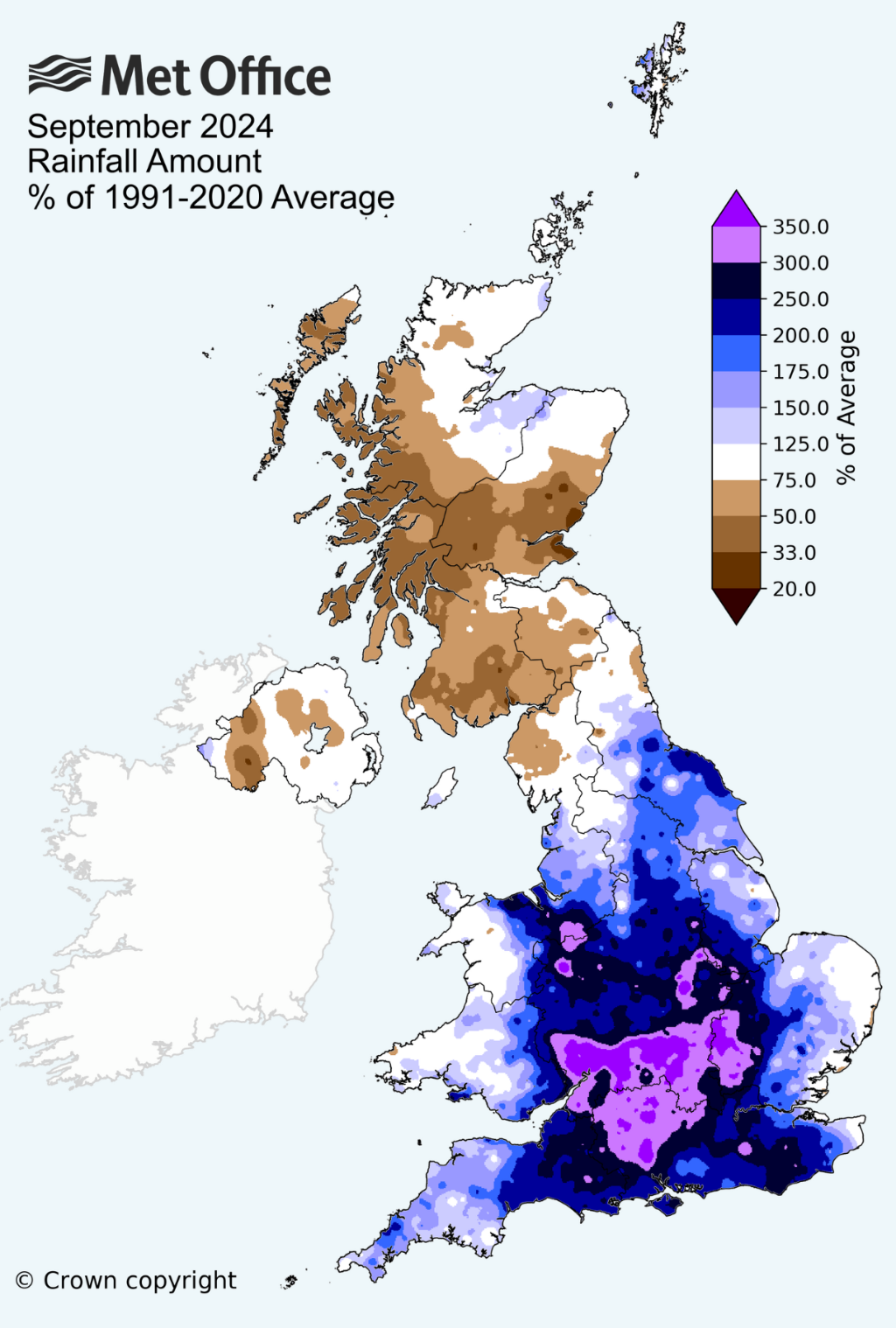 Map of the UK showing rainfall for September, the purples show totals over 300 times the monthly average over parts of central and southern England.